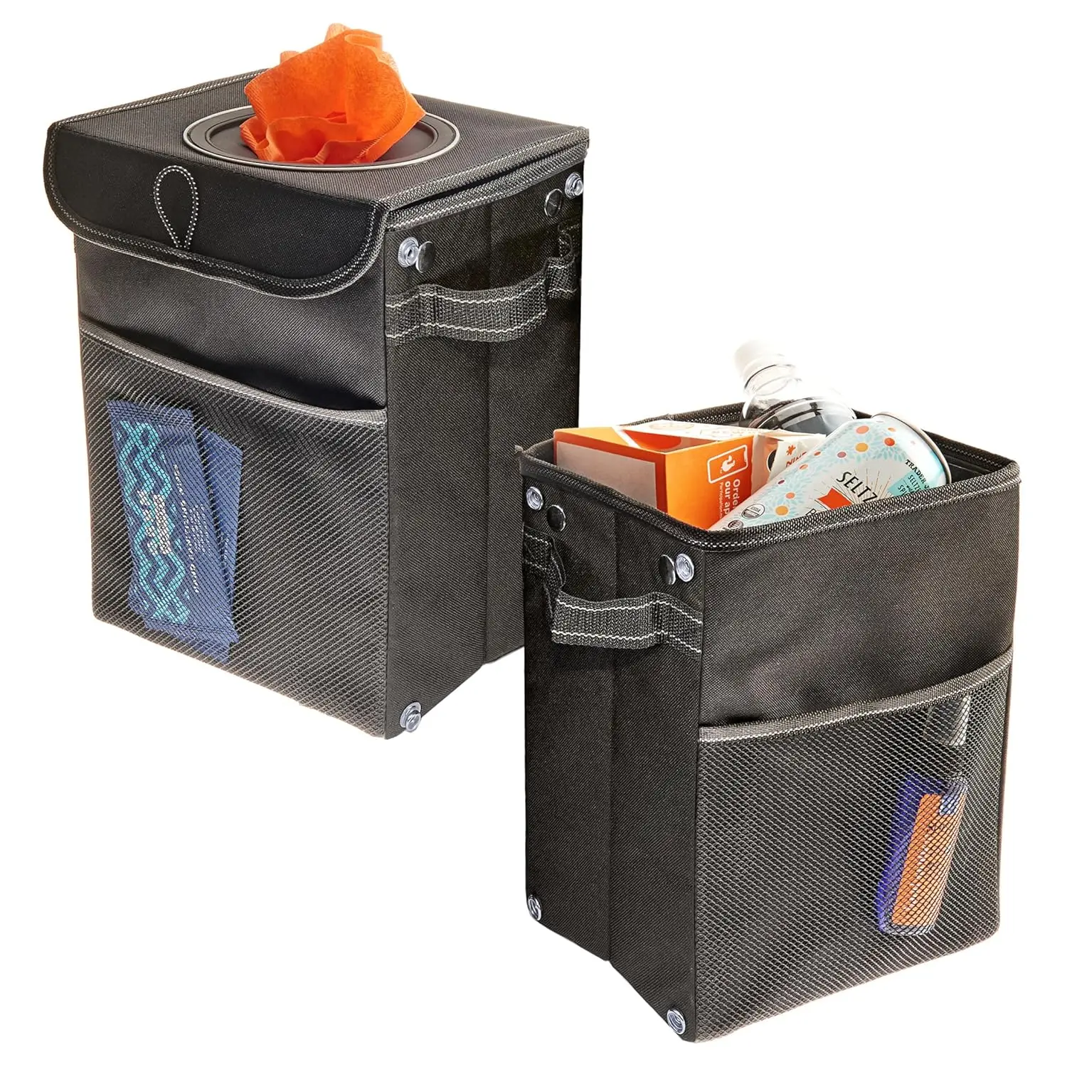 

StashAway Car Trash Can Set with Cover, Storage Pockets & Hanging Straps - 2.25 Gallon Waterproof Bin