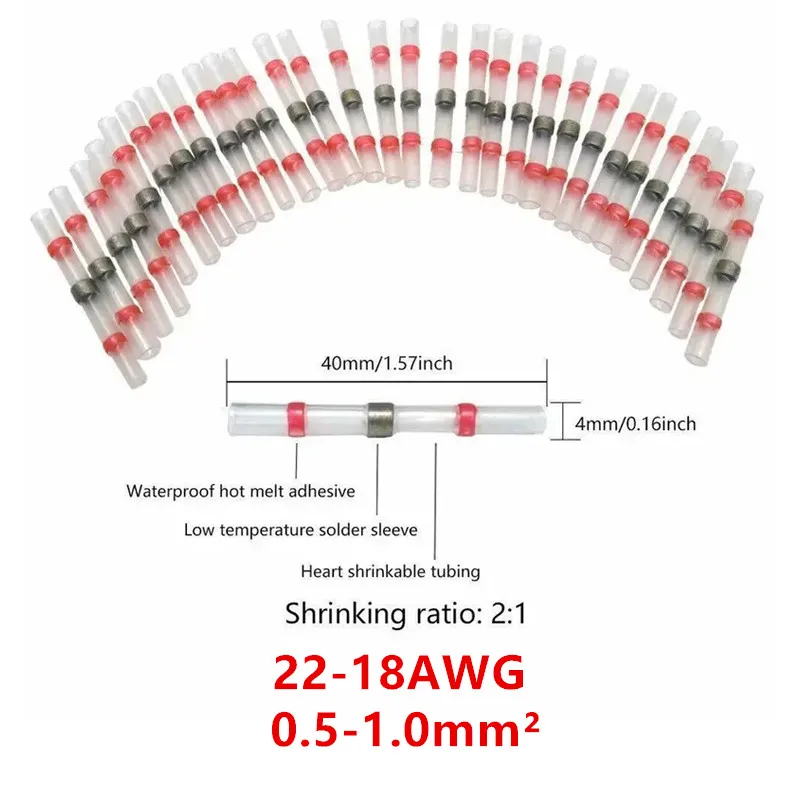 50pcs Red Waterproof Heat Shrink Solder Seal Sleeve Butt Wire Connectors Terminals A.W.G:22-18