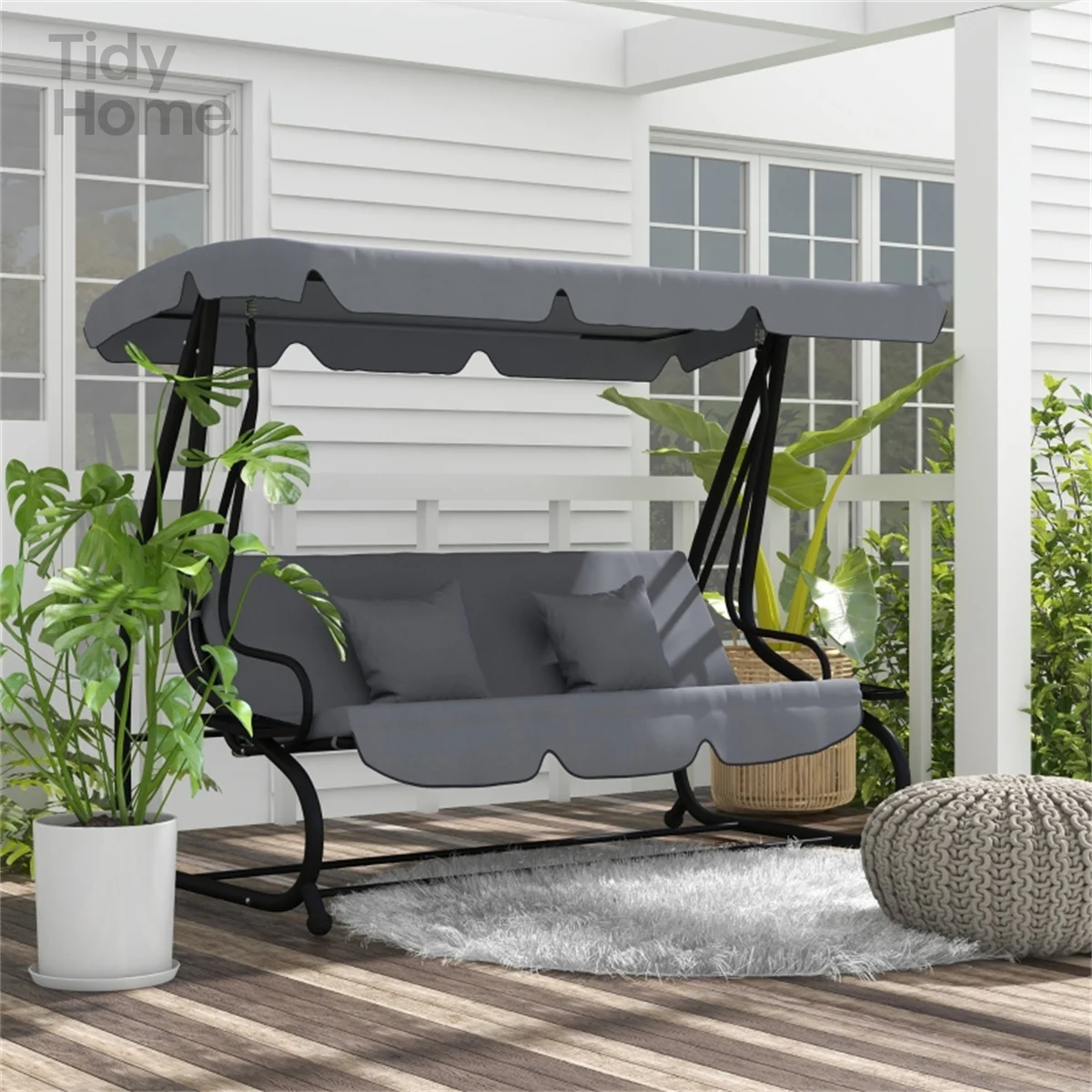 

3-Seat Outdoor Patio Swing Chair, Converting Flatbed, Outdoor Swing Glider with Adjustable Canopy, Removable Cushion and Pillow