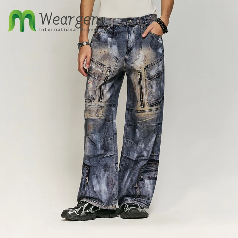 Men Multi-Pocket Inkjet Digital Printed jeans Autumn Winter new Street Trousers For Men And Women 13440W24