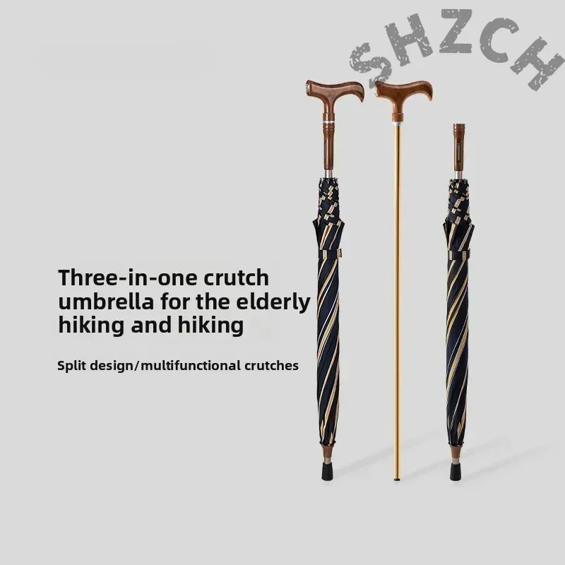 Windproof Walking Cane Umbrella with Non-Slip Handle, Retro Stripe Design, Sun & Rain Protection for Seniors