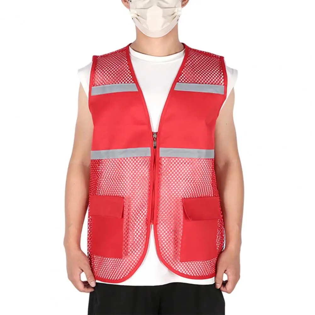 Summer Mesh Volunteer Work Vest Double Pocket Breathable Reflective Strip Safety Vest Outdoor Casual Waistcoat Summer Vest Coat