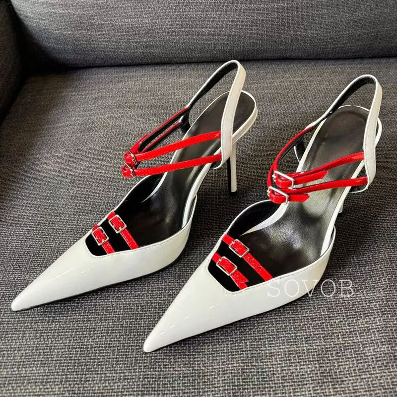 Pointed Toe British Style Narrow-Band Pumps Women's Patent Leather Back Strap Sandals Exposed Heels Spring Banquet Dress Shoes