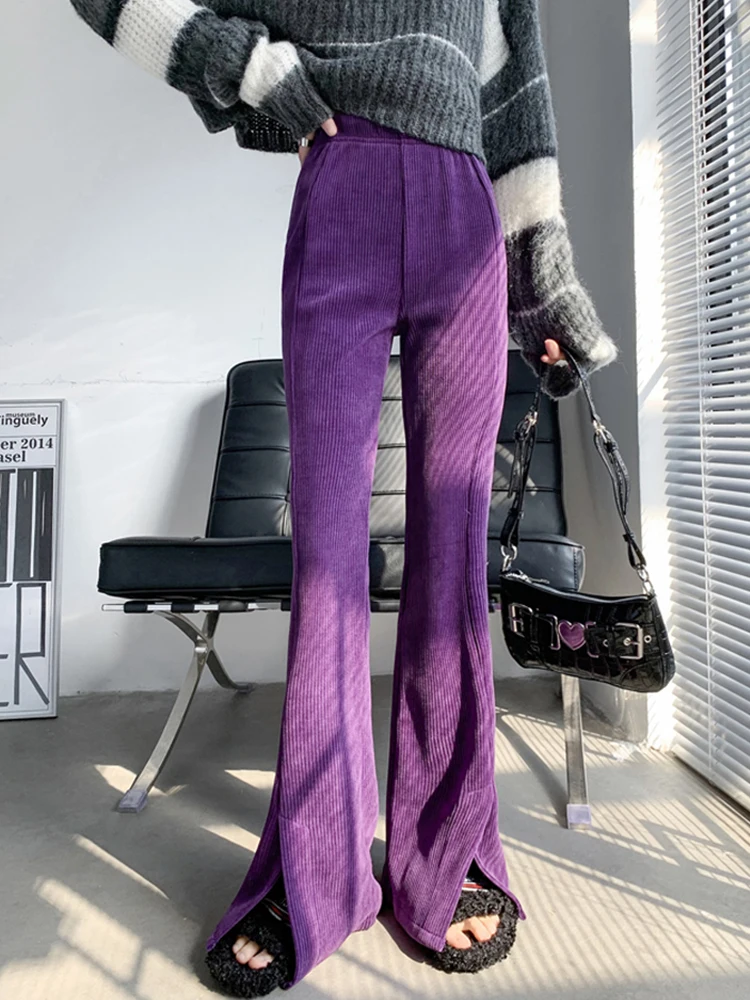 Autumn Winter Thick Split Purple Pants High Waist Straight Corduroy Warm Woman Sexy Club Chic Casual Baggy Wide Leg Trousers