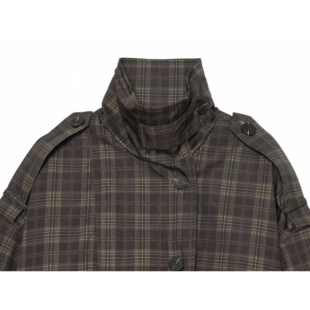 Autumn Plaid Bomber-style Jacket for Women Vintage Stand-up Collar & Long Sleeves Jacket with Shoulder Tabs and Button-tab Cuffs