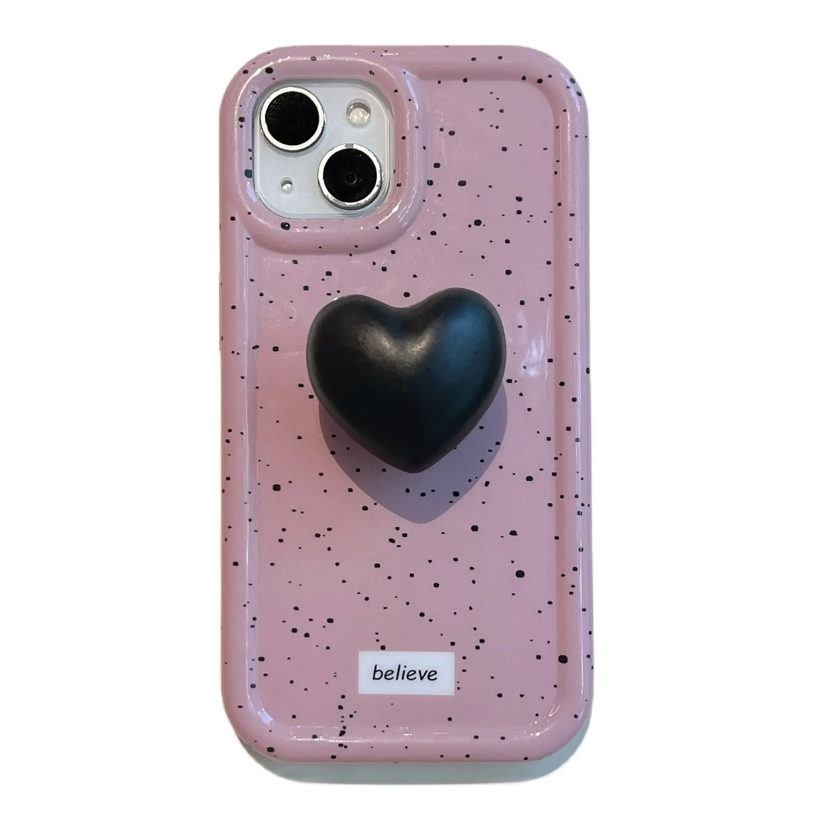 Fashion INS Pink Ink Splash Black Clay Heart Stand Chic Case for iPhone 15 14 13 Pro Max Back Phone Cover for 12 11 Pro Max Capa