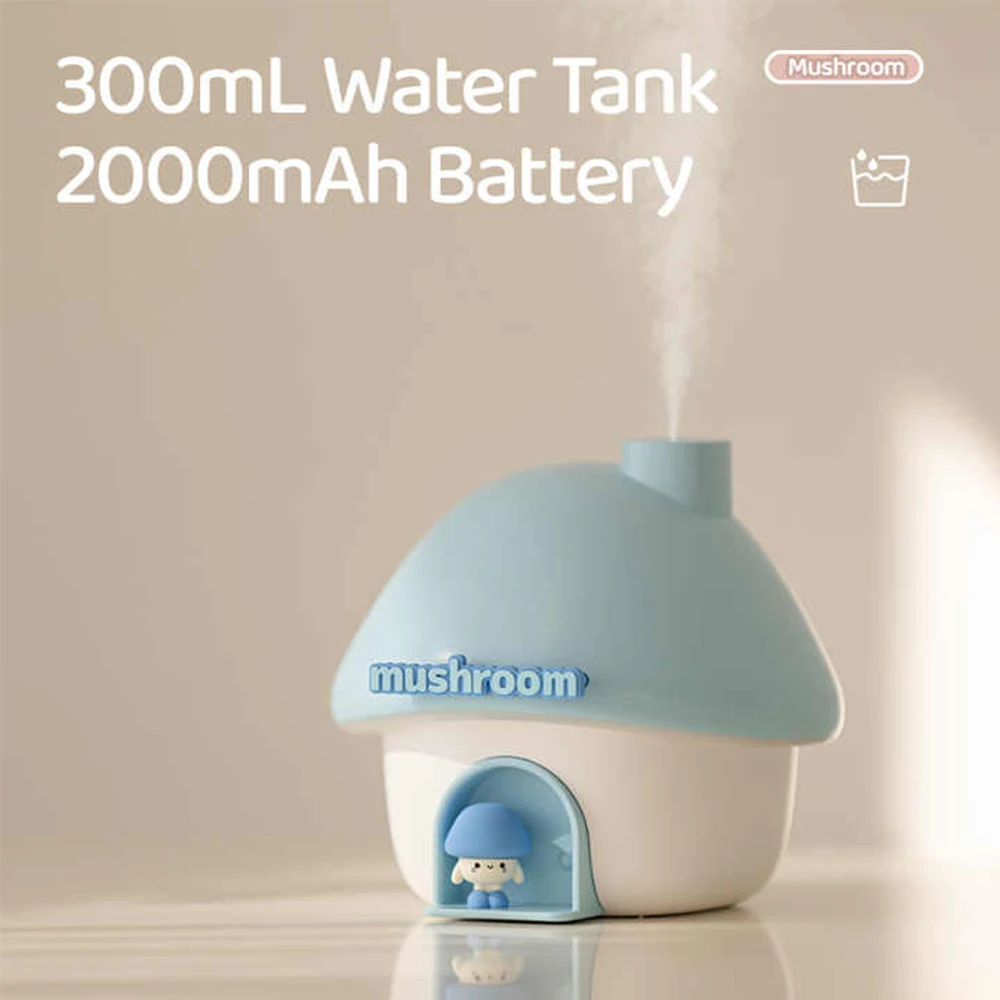 Mini humidificador de aire ultrasónico recargable por USB, humidificadores de aire inalámbricos portátiles con forma de seta de 300ml con lámpara de noche de puesta de sol para el hogar
