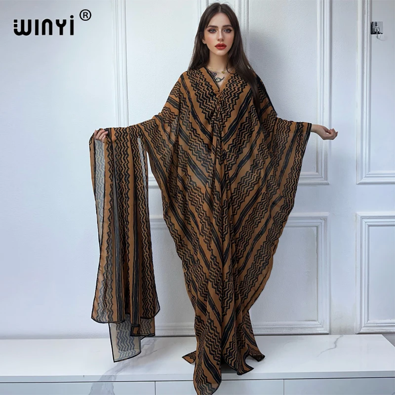 WINYI Fashion dress Chiffon v-neck with scarf Long Femme abaya dubai luxury Autumn Party Elegant Dress muslim women clothing