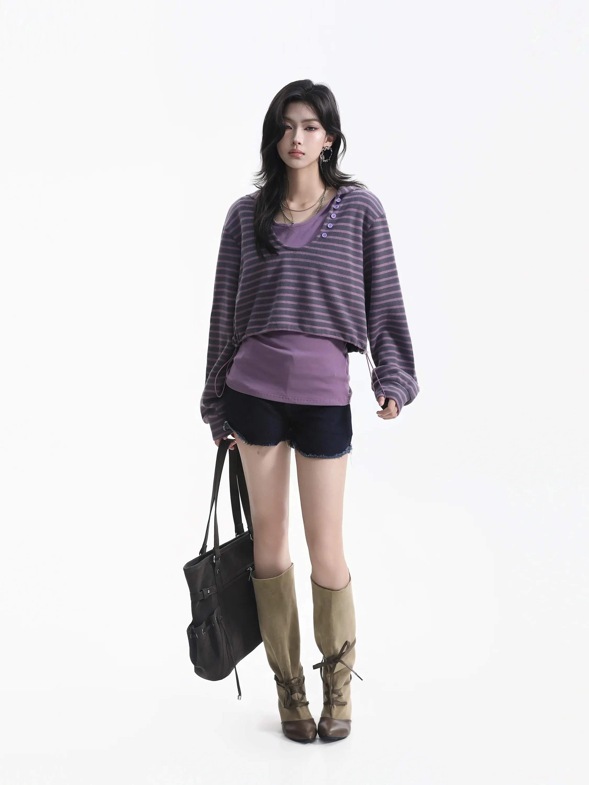Slim Fit V-Neck Short Sleeve Women's T-Shirt Casual Style Striped Pattern Button up Fake Two-Piece Hoodie Top for Ladies