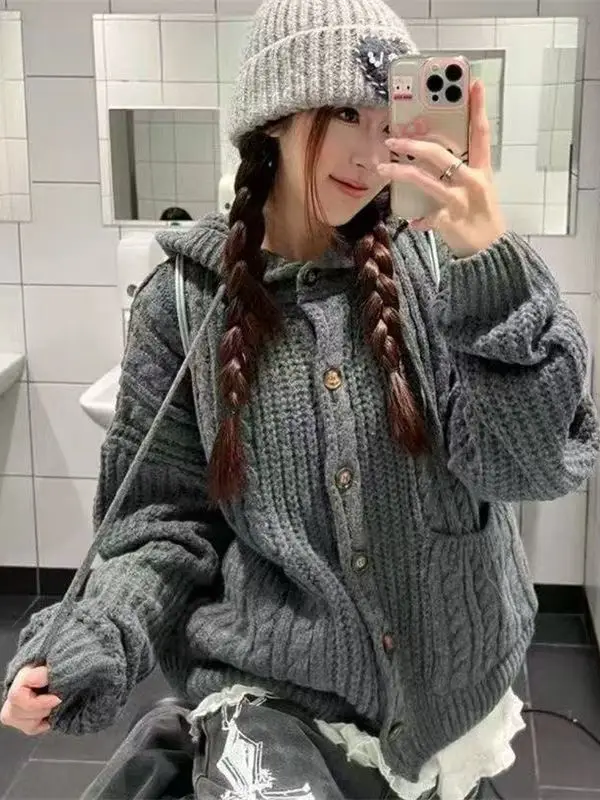 

Американский ретро витая шапка, свитер, кардиган, женский осенне-зимний универсальный вязаный верх, пальто INS