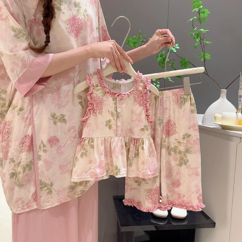 

Baby Girl's Summer Fresh & Sweet Ruffled Vest Set: Kids' Casual Cooling Floral Air-Conditioning Loungewear