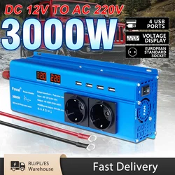 3000W Pure Sine Wave 12V 220V Power EU Plug 3 AC Outlets 4 USB Outing Car Inverter Converter Inversor Solar Auto Accessories