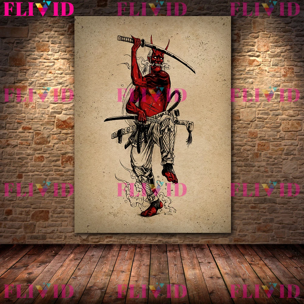The Evil Ghost Warrior In Japanese Folklore Vintage Wall Art Canvas Painting,Pagan Demon Abstract Art Poster And Print Decor