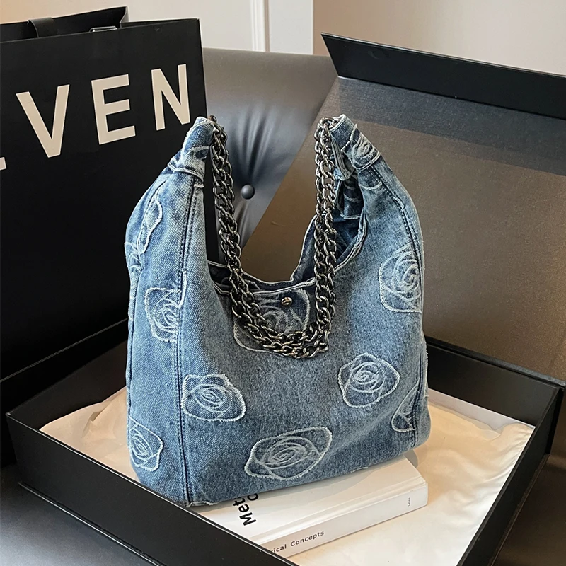 Casual  Large Capacity Tote Women Handbags Designer Jeans Bag High Quality Denim Shoulder Bag Retro Big Shopping Bag