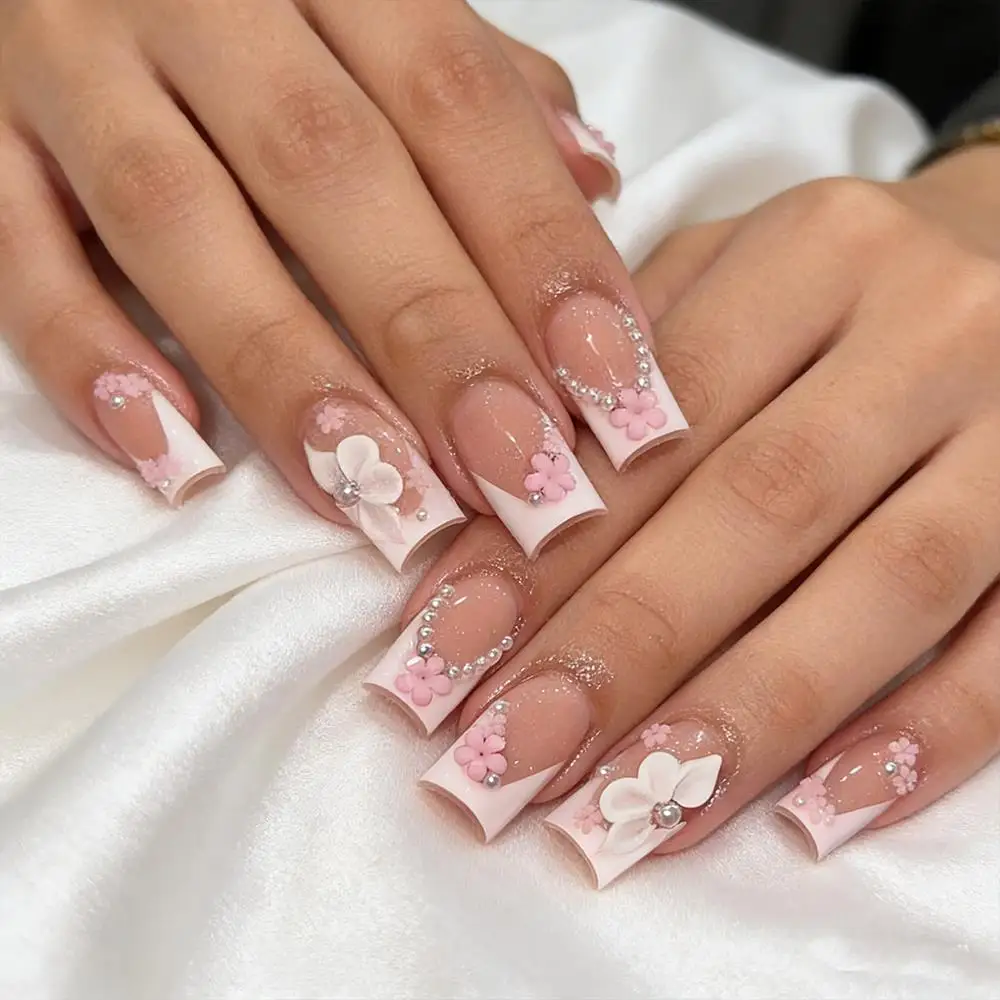 

24 шт. накладных ногтей для балетного французского маникюра с 3D цветами, жемчугом и стразами, длинные, в форме коврижки, для девочек, накладные типсы для пальцев