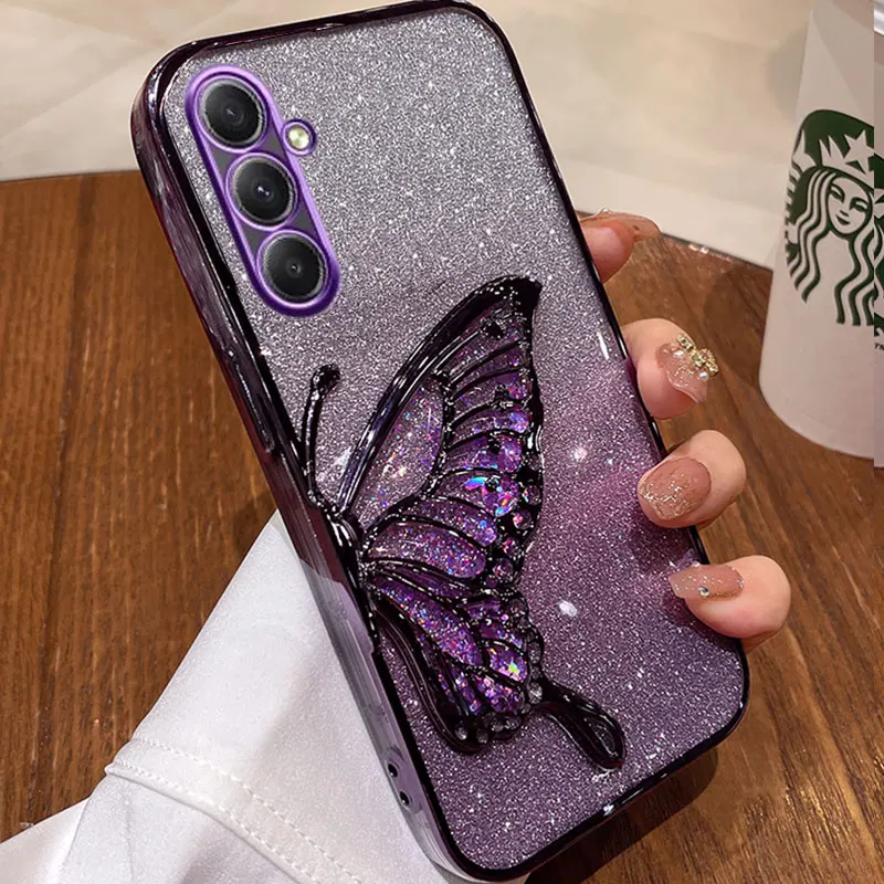 M 35 55 Quicksand Butterfly Plating Phone Case For Samsung galaxy M35 M55 A34 A54 24 14 A25 A05 Glitter Protect Shockproof Cover