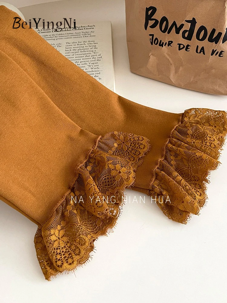 Beiyingni موضة جديدة تي شيرت الإناث الفرنسية الصالحة للأكل شجرة الفطريات الدانتيل تقسم سليم القمم المرأة الأساسية عادية كم طويل تي شيرت #6