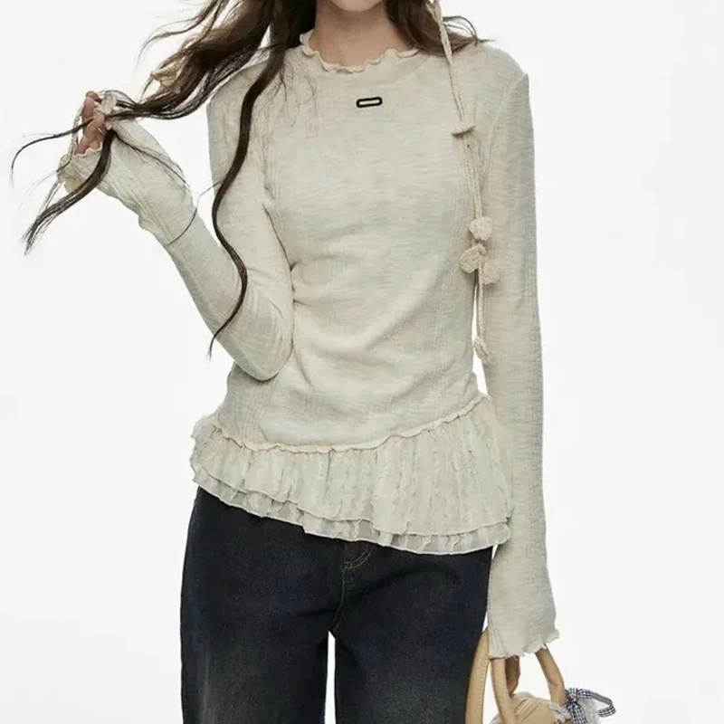

Long Sleeve Knit T Shirt Women Fall Lace Patchwork Vintage Slim Fit Tees French Sweet O Neck Solid Pure Cotton Streetwear Tops
