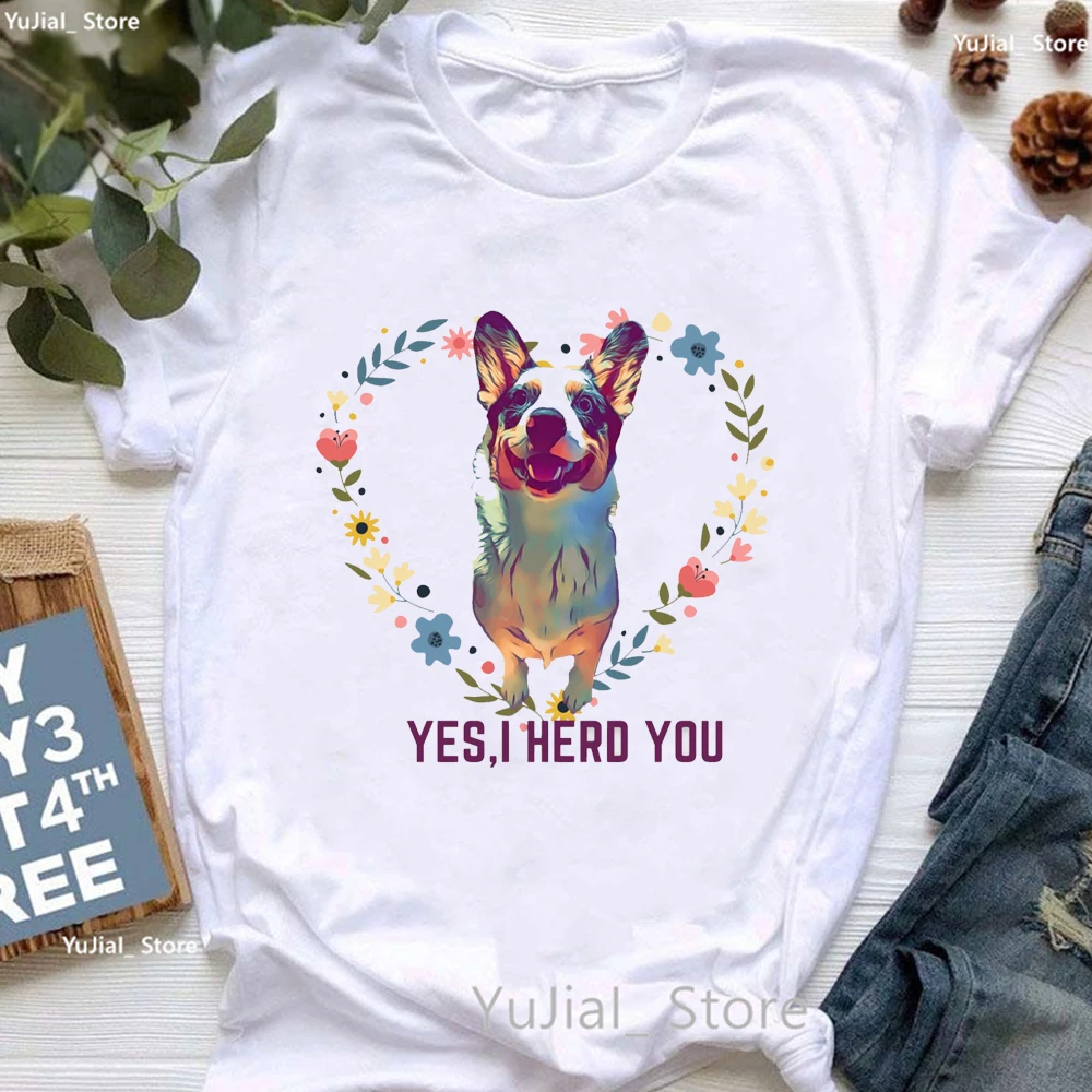 Kawaii Golden Retriever Blue Floral Bouquet Print T Shirt Girls Yorkshire Terrier/Pitbulls Tshirt Women Harajuku  Dog T-Shirt