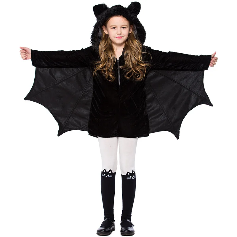 Girl Clothes Autumn Kid Halloween Animal Cosplay Costumes Girl Black Hood Jumpsuits Cloak Wing Sleeves Cosplay Girl Costume