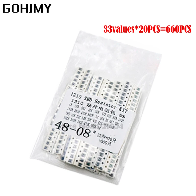 

Набор резисторов 1210 SMD, ассорти, 1 Ом-1 М Ом, 5% 33 значенияX, 20 шт. = 660 шт., набор «сделай сам»