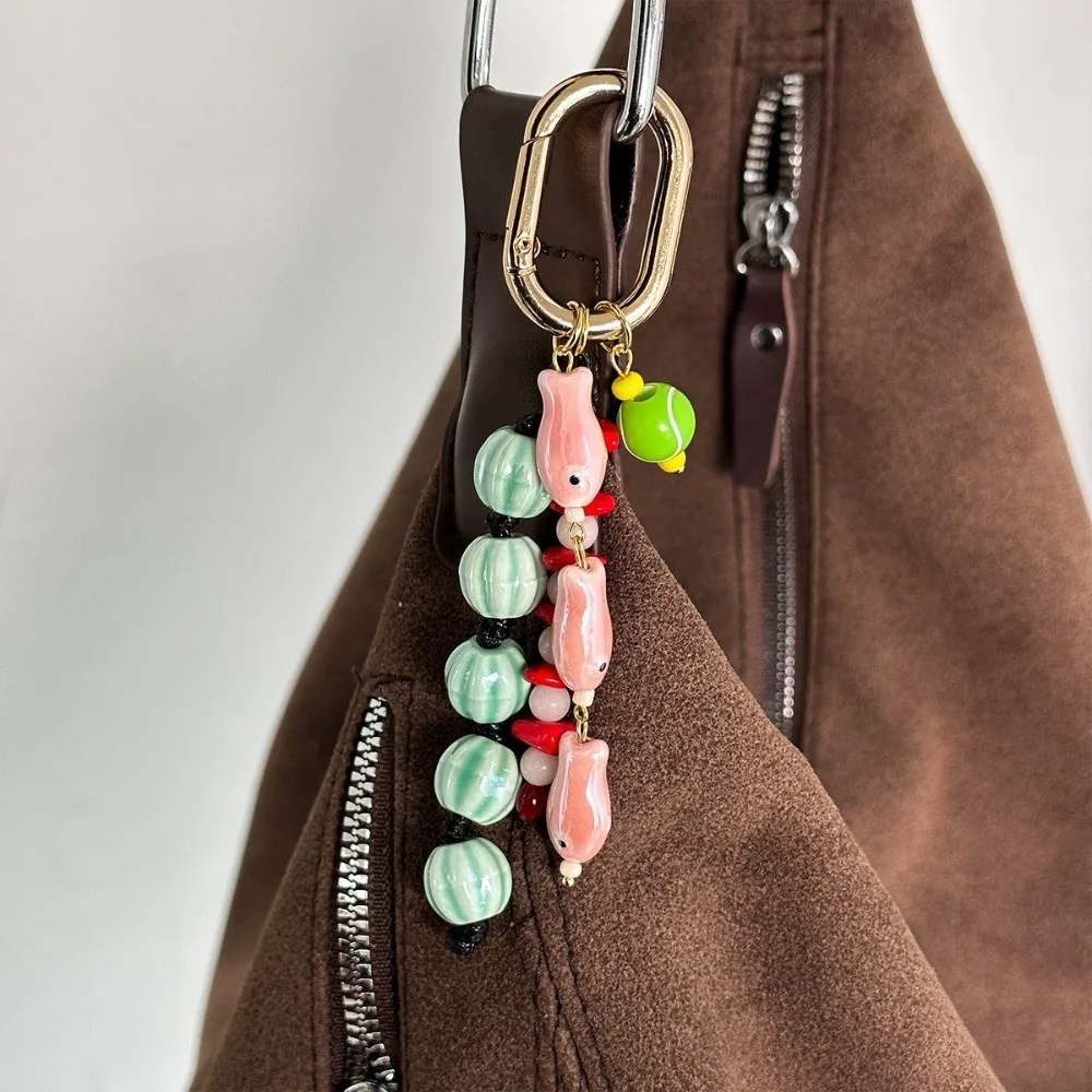 Minimalist Ceramics Bag Charm Pastoral Style Watermelon Beaded Fish Keychain Bag Pendant Beads Pendant Keychain Women