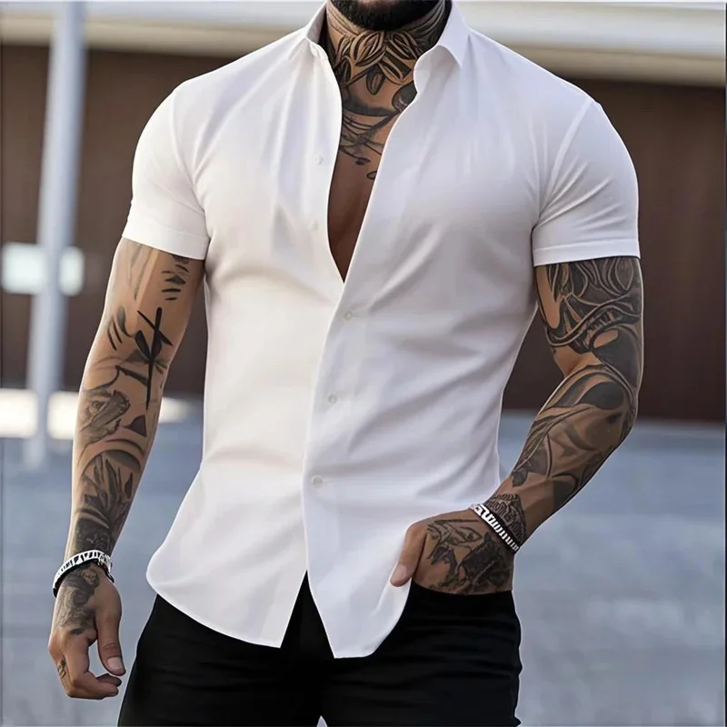 

2025 Men's Short Sleeve Lapel Shirt Solid Color Elastic Thin Sports Casual Cardigan Non-iron Business Shirt XS-5XL