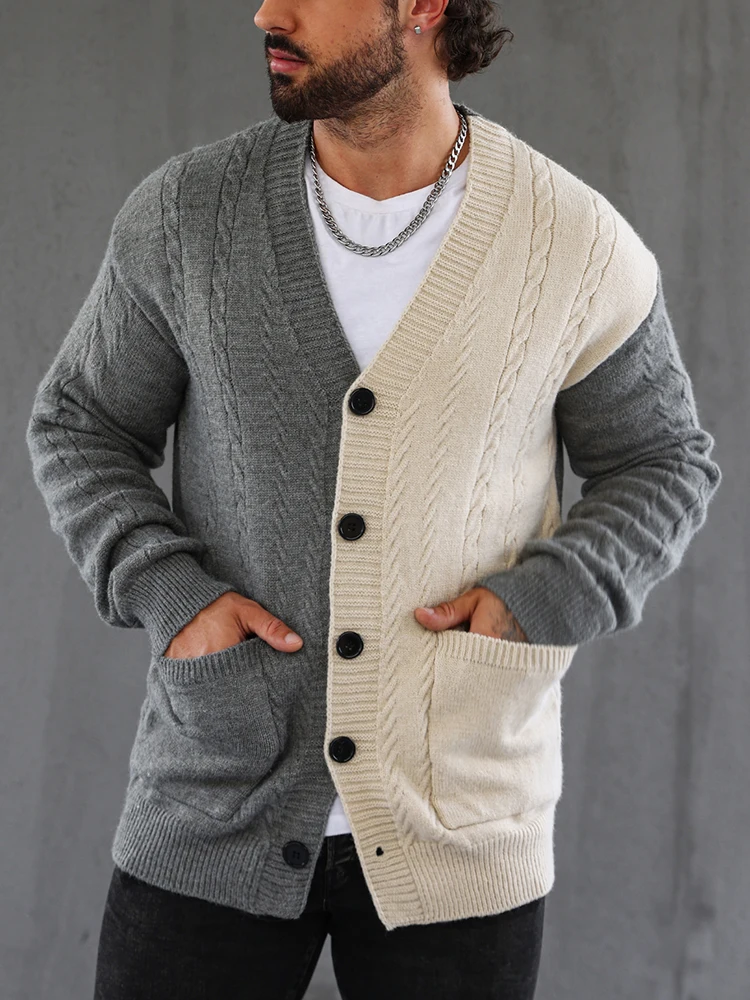 

Vintage V Neck Buttoned Sweater Cardigan Men Casual Patchwork Long Sleeve Knitting Jacket Spring Fashion Knitwear Mens Sweaters