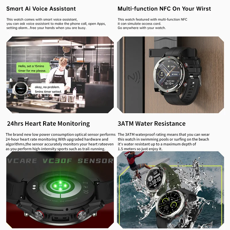 3ATM مقاوم للماء ساعة ذكية 1.34 بوصة AMOLED 500mAh الرياضة بلوتوث دعوة صوت مساعد ساعة ذكية للرجال والنساء