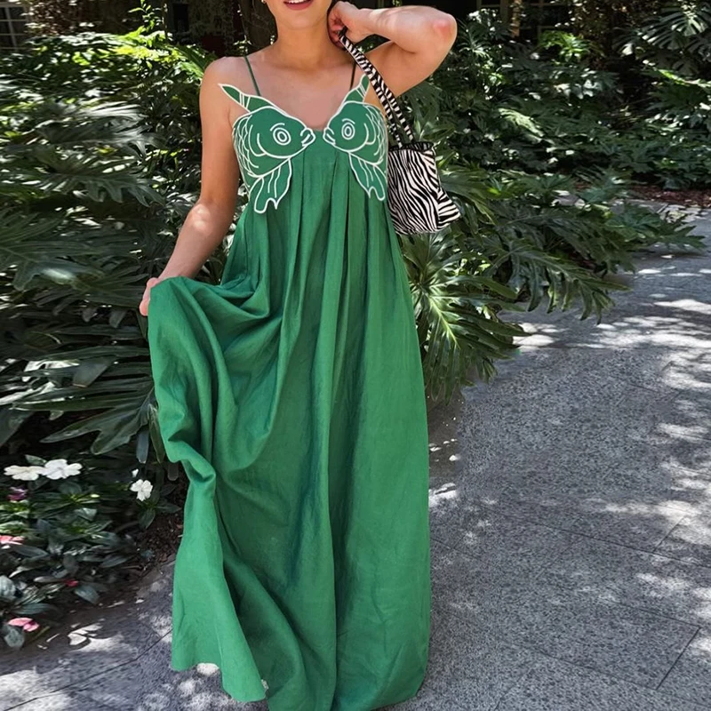 여성 잉어 롱 캐미 드레스 Y2k 자수 스파게티 스트랩 플로위 맥시 드레스 여름 휴가 비치 V넥 백리스 선드레스