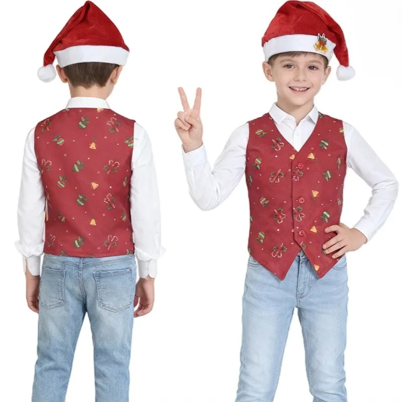 

Christmas Spirit Cosplay Red Vest Hat Full Set School Stage Performance Oufits for Boys New Year Costume Xmas Theme Party