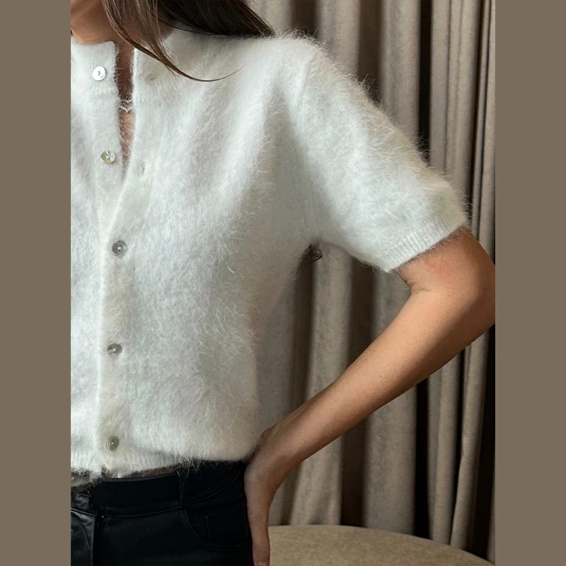 Damen-Strickwaren Plüsch Kurzarm Strickjacke Herbst O-Ausschnitt Einreihig Einfarbig Weiche Strickjacken Schicke Damen-Oberteile – Detail 13