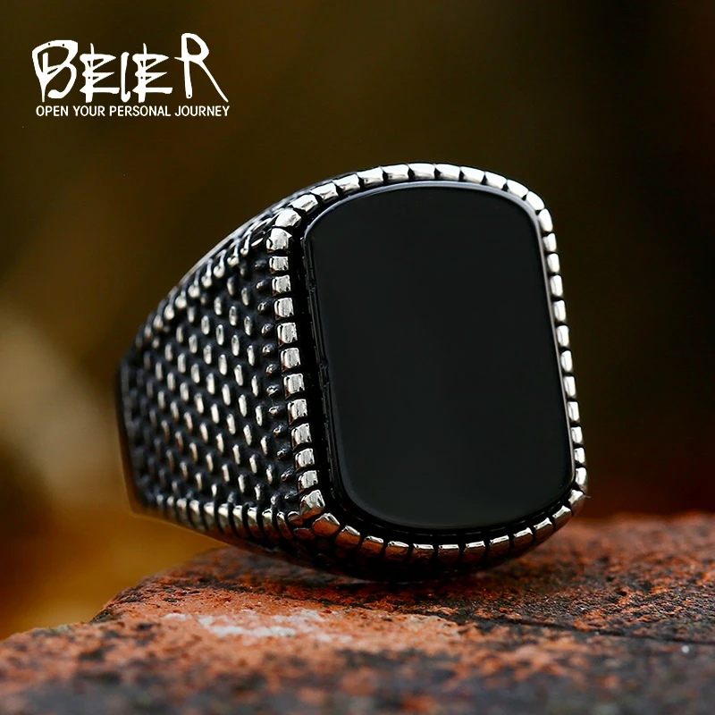 BEIER Vintage Black Zircon Stone Black Finger Rings For Men Male Fashion Stainless Steel jewelry ring Anel Charm Gift BR8-988