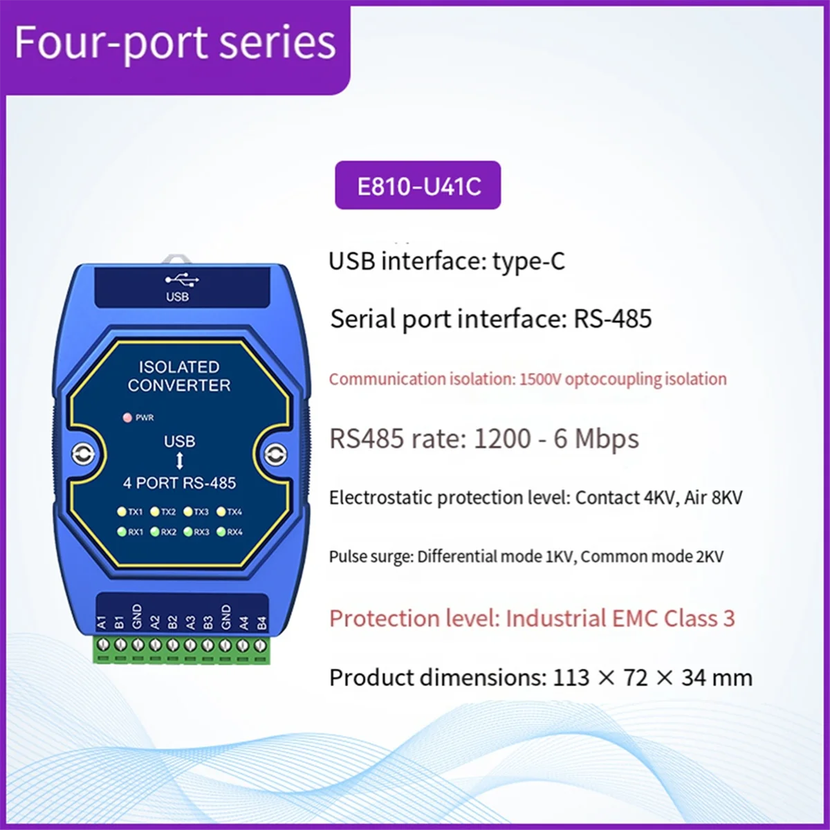 

NEW USB to RS-485 Serial Port Converter 4 Serial Ports CDEBYTE E810-U41C USB-C Interface 6M Rate Industrial Grade 1500V