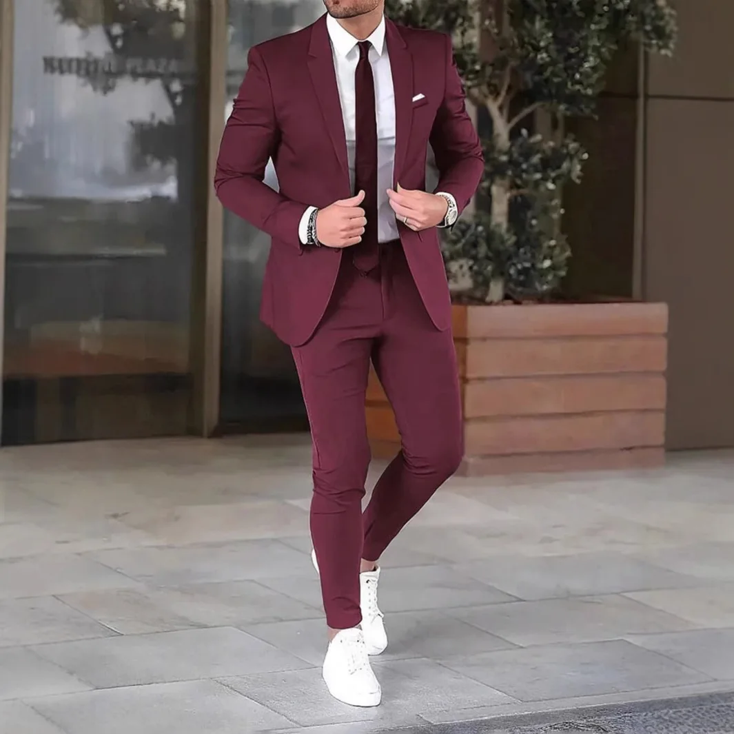 Men Two Piece Suit Sets Straight Pants Slim Fit Turn Down Collar One Button Full Sleeve Blazers Ensemble Wedding Evening Formal