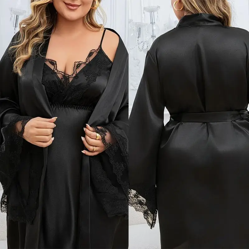 

Big Size 3Xl 4Xl 5Xl Robe Set Women Black Lace Trim Sleepwear Satin Lingerie Big Sleeve Kimono Gown Loungewear Nightwear 2Pcs