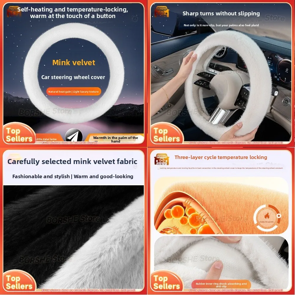 

2026 Faux Mink Fur Steering Wheel Cover with Heated Plush Design for Winter Suitable for Universal Car Models Anti Slip Warm