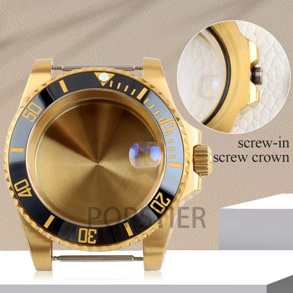 40MM High Quality Waterproof Watch Case Sapphire Glass Gold PVD For SUB NH34 NH35 NH36 Movement 28.5mm Dial fit 20mm WatchBands