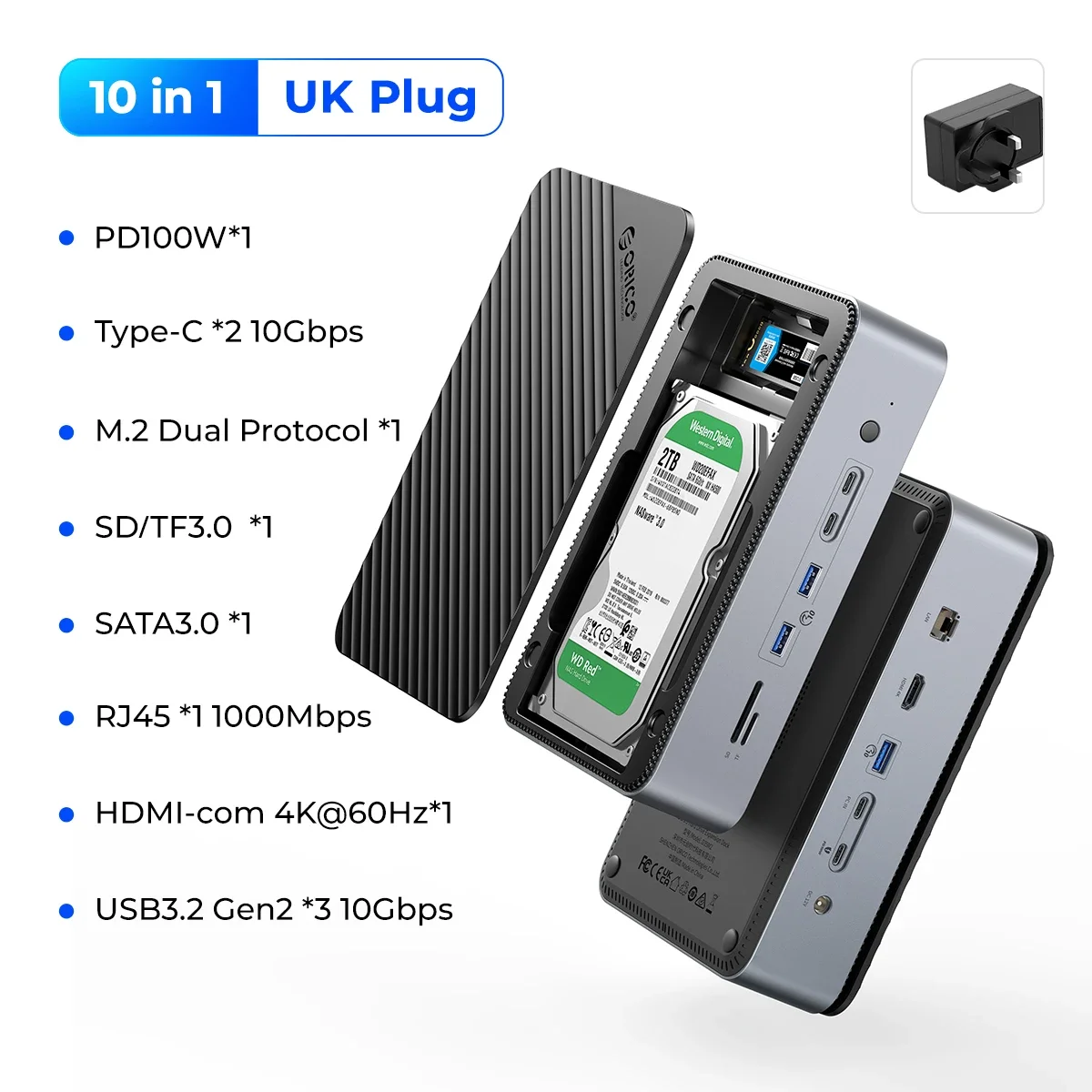 ORICO 2,5/3,5 inch HDD-dockingstation met M.2 SATA NVMe SSD-behuizing USB C 10Gbps PD 100W RJ45 SD/TF 4K 10 in 1 dockstation