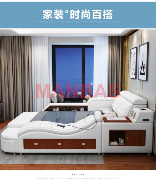 King/Queen Size Multifunctional Bed Tech Smart Beds Ultimate Camas TATAMI Massage Lit Genuine Leather Upholstered Bed with Audio