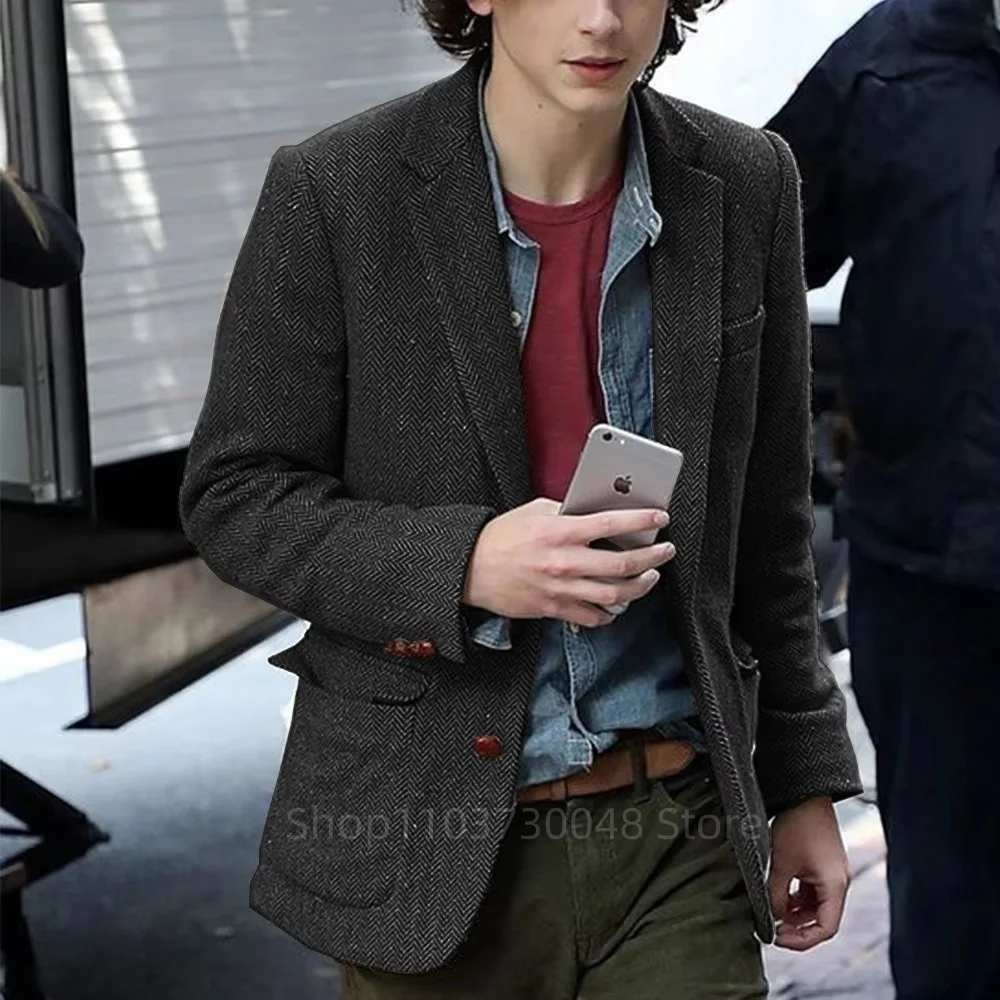 

Fashion Men's Herringbone Tweed Blazer Notch Lapel Jacket 2 Buttons Casual Coat Wedding Business Groomsmen Prom Party Jackets