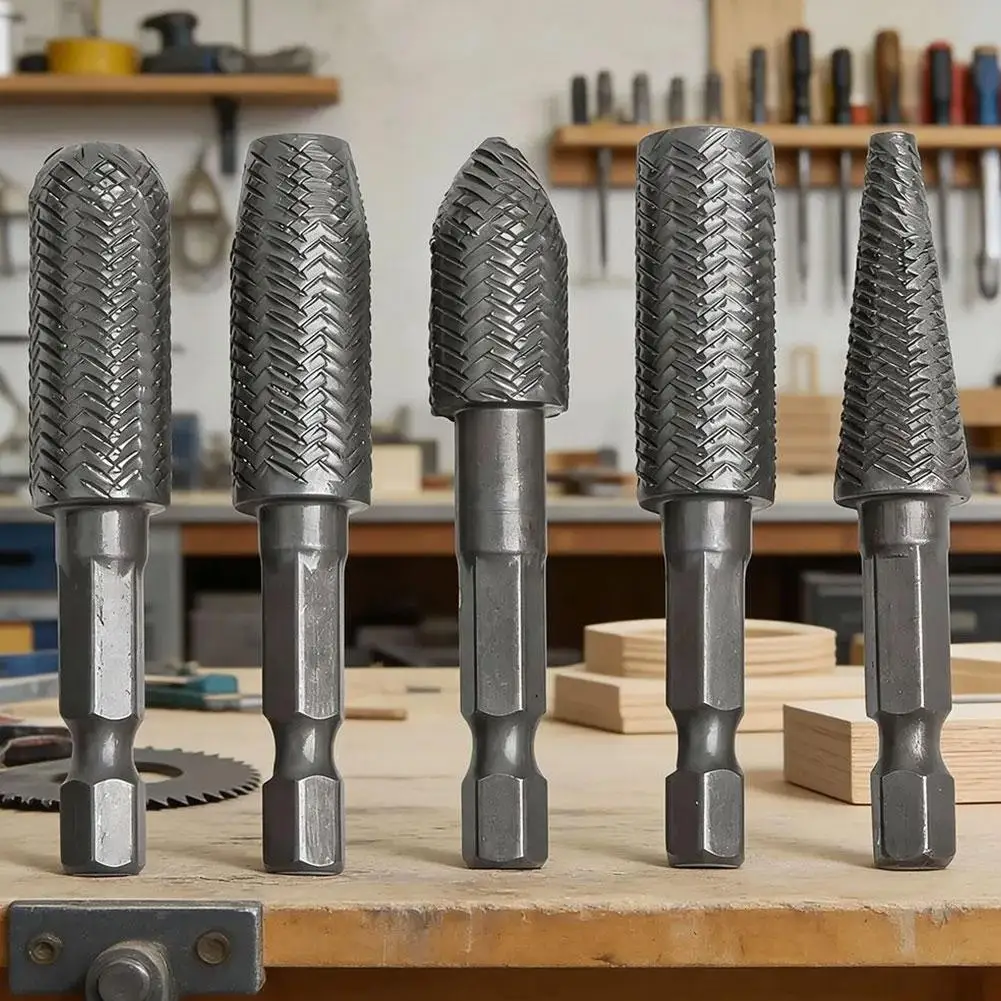 5Pcs Rotary Rasp File Set Steel File 6mm Shank Carving Bit Double Cutter Rotary File Super Hard For Metal Wood Grinding