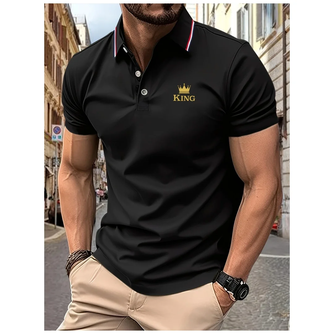 New Men's Polo Shirt Crown King Print Summer Lapel Stripes Men Short Sleeve Casual Breathable Light Luxury Cool polos homme tops