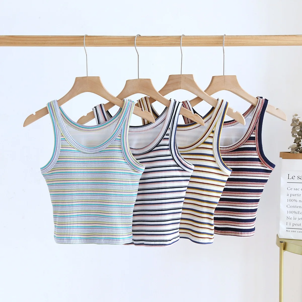 Striped Women's Camisole Short Crop Tops Padded With Bust Striped Color Base Layer Tank Sleeveless Female Blouse Undershirt