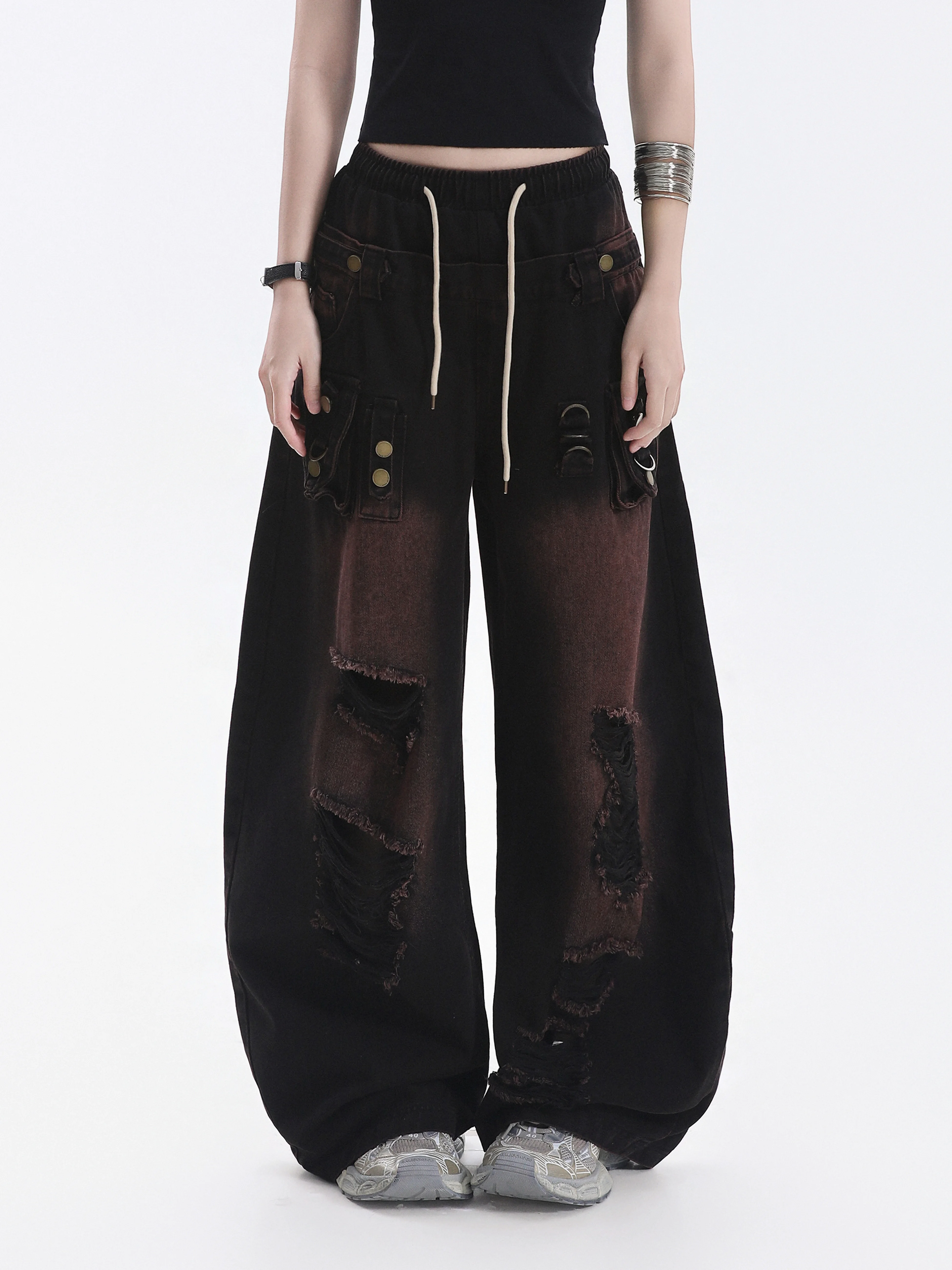 Retro American Hole Denim Jeans Women's High Street Post-Apocalyptic Gradient Wide Leg Knife Long Pants Cotton Natural Waist
