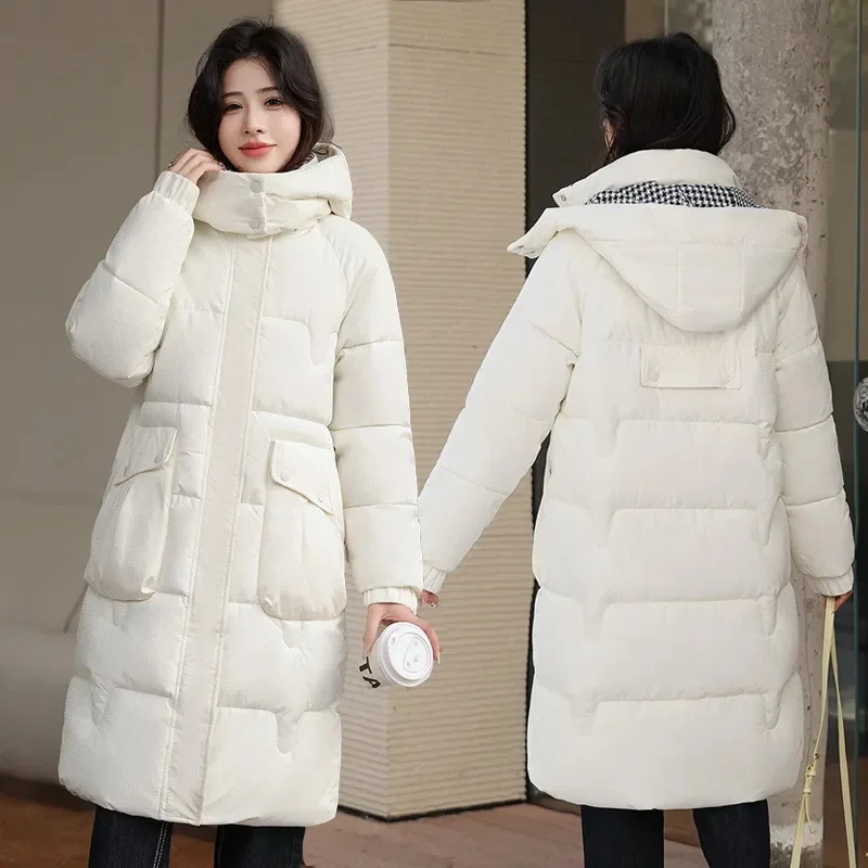 2024 New Winter Jacket Long Parkas Women Down Padded Coat Puffer Jacket Hooded Big Pocket Down Cotton Snow Female Overcoat Outwe