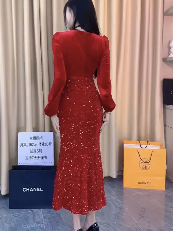 Early Spring Internet Celebrity New Fashion Exquisite High End Western Style Heavy Industry Sparkling Velvet Dress Style Dress