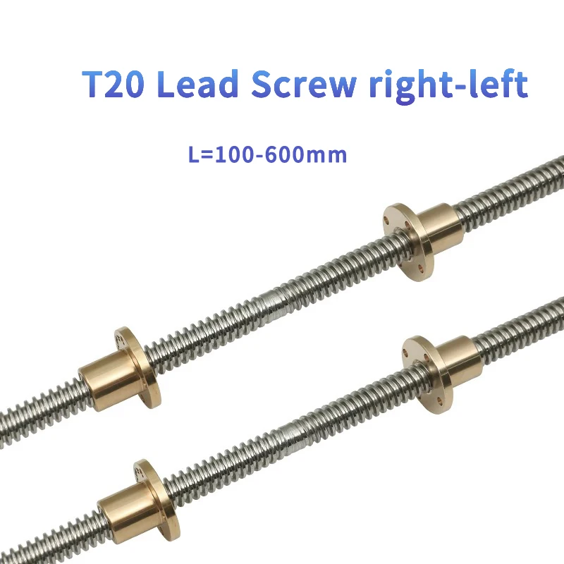 T20 Lead Screw with Brass Nut 304Stainless Steel Right-Left Hand L100-1000mm OD20mm Lead 4mm for Stepper Motor 3D Printer