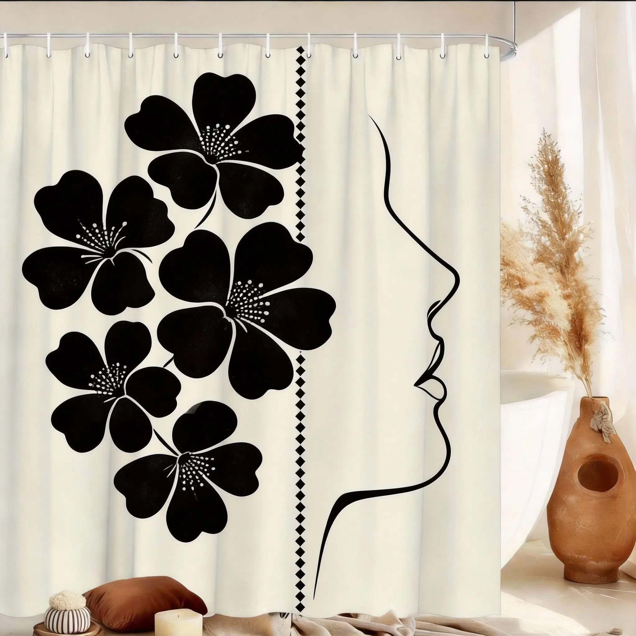 Minimalist Women's Side Face Shower Curtain Abstract Line Leaf Pattern Polyester Shower Curtain 12 Hook Bathroom decoration