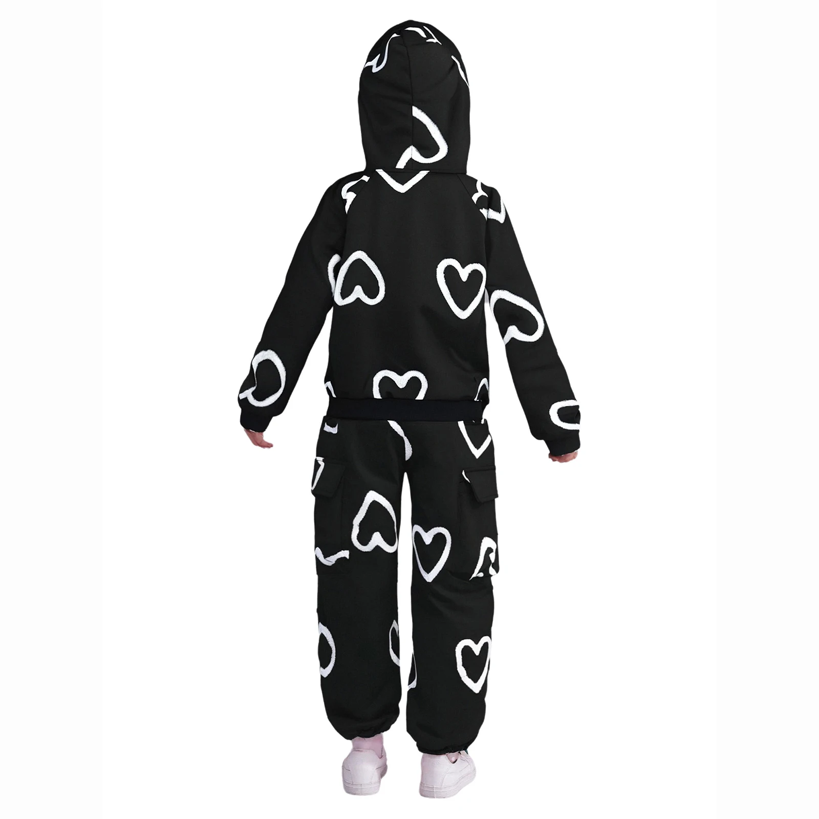 Crianças meninas 2 peça agasalho mangas compridas moletom com capuz e calças coração impressão moda outfit hip hop dança roupas casuais